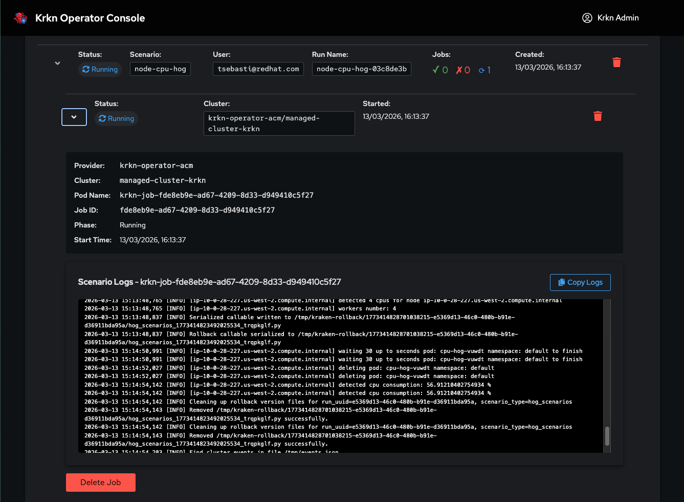 Scenario Run Details with Live Logs
